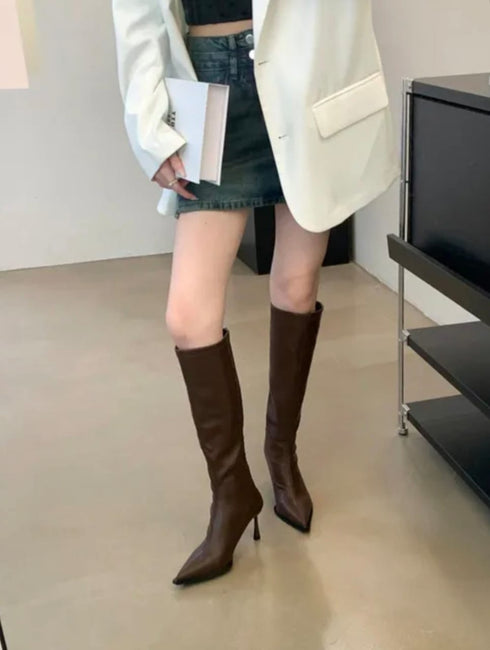 Winter pointed-Toe Leather Stiletto Heel Boots